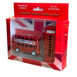 London Souvenir Pencil Sharpeners Set - Die Cast Metal Sharpener - British Souvenir England UK Gift - 2 x London Icons Pencil Sharpener Red Bus & Telephone Box