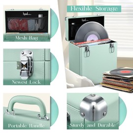 Hododou Vinyl Record Storage Box with Lock Record Organizer Storage for 32+ Single Records 12-inch Water Resistant Collapsible Storage Crate with Lid Handle Mesh Pouch for Valuable Album Collection