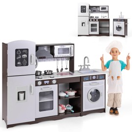 Costzon 2-Piece Play Kitchen for Kids, Wooden Toy Kitchen Set with Washing Machine, Range Hood, Ice Maker, Blackboard, Pretend Telephone, Kids Kitchen Playset with Sounds & Lights, Gift for Ages 3+