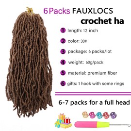 Faux Locs Crochet Hair 12 Inch Soft Locs Curly Wavy 6 Packs/Lot Pre-Looped Faux Locs Goddess Synthetic Fiber Hair Extensions (12 inch, 30#)