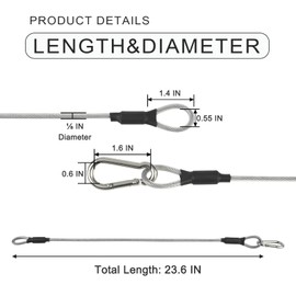 LAICCUM 1/8" Safety Cables 2ft Security Cable 304 Stainless Steel Wire Ropes with Carabiner Lock 50lb Load Capacity Falling Prevention for DJ Stage Light Luggage,2 Pack