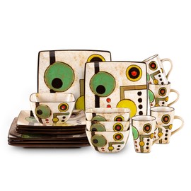 HomeVss, Stoneware Artisan Hand Painted Impressionism Pond, Reactive Glaze 16pc Dinnerware Set