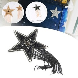 Parche de Estrella Diamantes Imitación, 4 Colores Parches de Hierro con Diamantes Imitación Brillantes de Bricolaje Parches de Ropa con Patrón Estrella Cinco Puntas 8.5 cm (Black + Black Tassel)