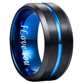 NUNCAD Men's 10Mm Tungsten Carbide Wedding Band Black And Blue Grooved Promise Ring Ring Size 15.5 A 10Mm Black Blue