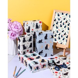 Pineraap Cat Wrapping Paper, 12 Sheets Black Cat Birthday Wrapping Paper Pet Themed Gift Wrap Paper for Cats Lovers, Holiday, Birthday, Baby Shower Party Decoration, DIY Projects, 20x28 Inch
