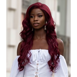 LUXLUXE Asana Wavy 26 Inch 7x4 Women's Lace Front Wig, Heat Resistant Fiber, 20+ Shades of Natural, Dip Dyed, Highlight Colors (#530 - Deep Red)