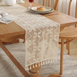 meioro Crochet Table Runners, 30x200cm Lace Table Runner Classic Beige Wedding Tablecloth Vintage Tassel Table Cover for Kitchen Dining Holiday Party Decoration(Style D)