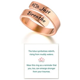 HUASAI Just Breathe Rings for Women Adjustable Heart Promise Ring Inspirational Healing Jewelry Gifts
