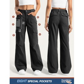Moosehill Women's-Cargo-Hiking-Pants-High-Waisted Wide Leg Water Resistance Lightweight Stretch for Work Casual Outdoor (Black, 8)