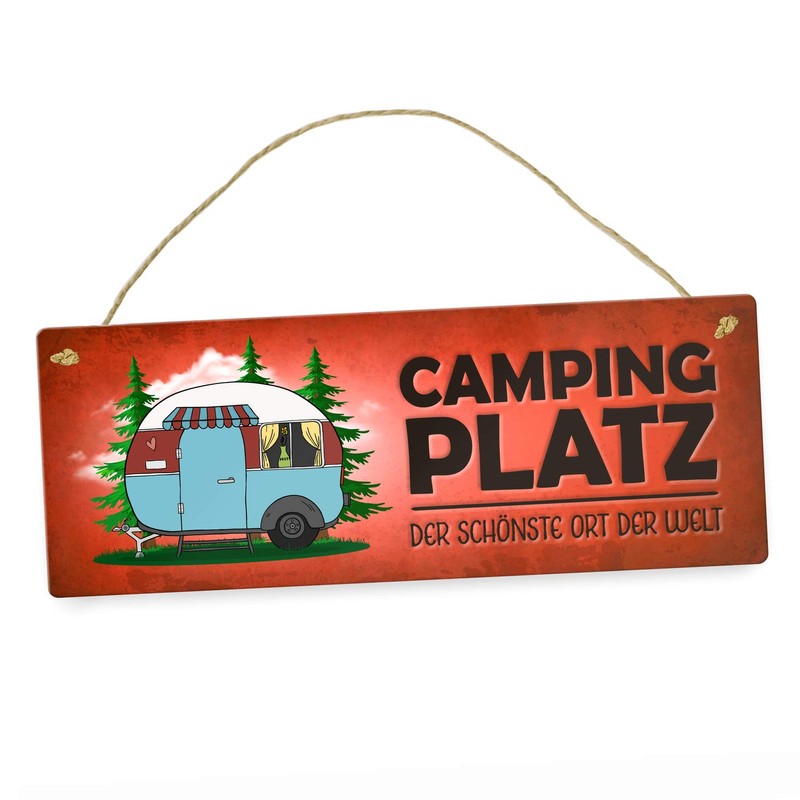 Camping Metal Sign in Red with Caravan Motif Motorhome Holiday