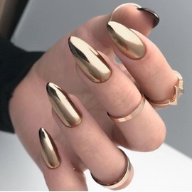 24PCS Press On Nails, Mirror Metal Stiletto Fake Nails, Almond Medium Shape, Stick on Nails, Glue on Nails False Nails (Light Gold)
