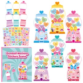 CY2SIDE Valentines Gumball Machine Stickers - 12 Sets of Valentine’s Day Conversation Heart Sticker Art Craft for Kids School Activities Make A Bubble Gum Machine Sticker Scene with Heart Bear Sticker