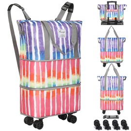 VOOWO Rolling Duffel Bag - Foldable Expandable Duffle With Wheels for Travel, Luggage Carry On, Large Backpack Weekend Bag for Men Women (Rainbow)