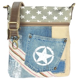 Sunsa Women's Shoulder Bag. Sustainable Bag Made from Recycled Jeans & Canvas. Vintage Style with Star Design Shoulder Bag. Small Crossover Bag, beige