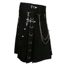 Scottish Designer Black Fashion Gothic Kilt with Silver Chains (Belly Button 36)