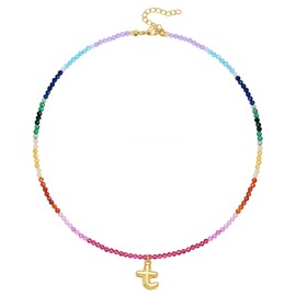 KissYan Beaded Initial Necklace for Women, 14K Gold Plated Bubble Letter Pendant Rainbow Gemstone Choker Colorful Summer Beach Jewelry(Gold T)