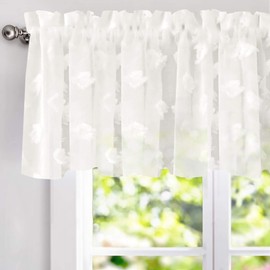 DriftAway Kitchen Curtain Valance for Windows 18 Inch White Sheer Voile Chiffon Curtains for Bedroom Living Room Embroidered Pom Pom Light Filtering Rod Pocket Extra Wide Window Toppers 1 Panel