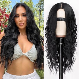 QAUARUMSUN Long Platinum Blonde Wavy Wig for Women 26 Inch Middle Part Curly Wavy Lace Front Wig Natural Looking Synthetic Wig for Daily Party Use (Black)