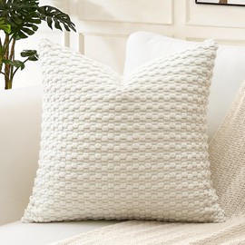 Artscope Pom Poms Decorative Corduroy Cushion Cover 45x45cm Super Soft Boho Striped Square Pillow Covers Case Geometric for Sofa Couch Bedroom Car Decor Set of 1, Cream Beige