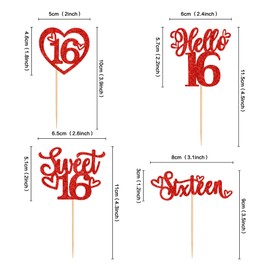 Ercadio - Paquete de 24 adornos para cupcakes con purpurina roja Hello 16 adornos para cupcakes, dieciséis púas para cupcakes Happy 16th cupcakes, 16 decoraciones para tartas de feliz cumpleaños para fiesta de cumpleaños 16