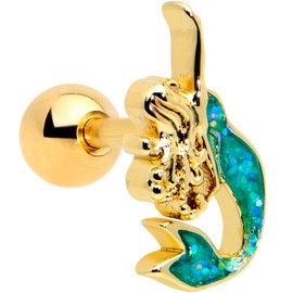 Body Candy 16G Womens PVD Stainless Steel Green Curvy Mermaid Cartilage Earring Helix Tragus Jewelry 1/4"