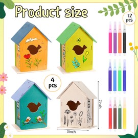 Affrolling 4 Pcs Large Wooden Birdhouse Kit for Kids 5 * 7 Inches DIY Wooden Houses to Paint and Build Craft with Watercolor Pen for Crafts Bulk Painting Kits(Bird)