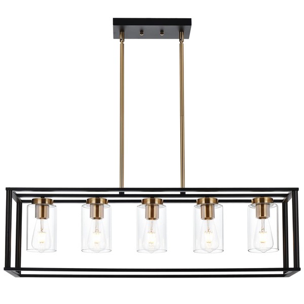 VINLUZ Farmhouse Chandeliers for Kitchen Island with Clear Glass Shade Black and Brushed Brass 5 Light Dining Room Lighting Fixtures Hanging, Rectangle Pendant Lights Industrial Modern Ceiling Light
