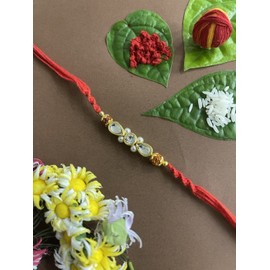 Fancy Designer Kundan Rakhi With Rudraksha Beads Red Thread For Raksha Bandhan