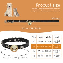 LuckyOpt PU Leather Cat Collar with Bell, Cute Cat Collar with Metal Buckle, Adjustable 24-32cm Kitten Collar with Bone Pattern for Cat Puppy Daily Accessories (Black)