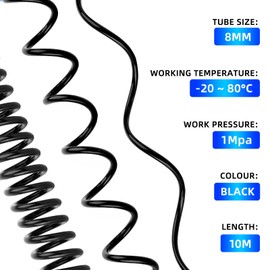 TAILONZ PNEUMATIC Black 10M PU Air Spiral Hose with 8 mm Outer Diameter (with Quick Coupling and Plug Nipple, PU Hose Material)
