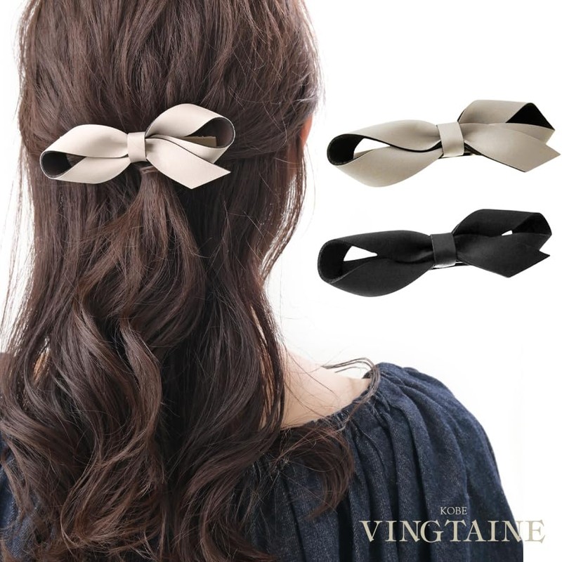 VINGTAINE H7816-BE- Barrette Ribbon, Satin, Simple, Hair Clip, Hair Accessory,
