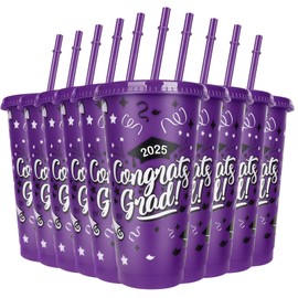 12 Pieces 2025 Graduation Plastic Cups with Lids and Straws 24 Oz Reusable Graduation Plastic Drinking Cup Class of 2025 Graduation Party Supplies for Graduation Hot Cold Drink Decorations (Purple)
