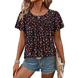CRAZY GRID Women's Puff Sleeve Blouse with Flounce Cuffs Printed Color Tunic Loose Stretch Cotton Tshirts Office Work Top Going Out Candy Purple-XXL