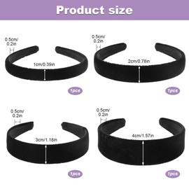 4Pcs Black Velvet Padded Headband, Elegant Soft Simple Solid Puffy Headbands, Velvet Hair Band Hoops with 1, 2, 3, 4cm for Women Teen Girls Casual - Black