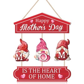 TOARTi Happy Mother's Day Wooden Sign Hanging(10.7”x17.5”),Mom Is The Heart Of Home Wall Decor With Cute Gnomes, Romantic Pink Heart Mothers Day Gifts for Mom Wife Grandma Woman