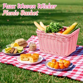 Aikolesa Wicker Picnic Basket for Kids, Small Woven Rattan Basket with Handles Pink Garden Harvest Hamper Gift Basket Empty for Storage Toy Flower Wedding