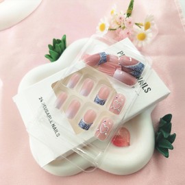Valentine's Day Square Press on Nails Medium Length Glitter French Tip Press on Nails Heart Deign Glossy Pink Fake Nails Press ons Glossy Glue on Nails Reusable Stick on Nails 24 Pcs