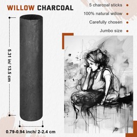 Gueevin 5 Pcs Jumbo Willow Charcoal Sticks 0.79-0.94 Inch Large Soft Willow Charcoal Chunky Drawing Charcoal for Sketching Artist Supplies, Black