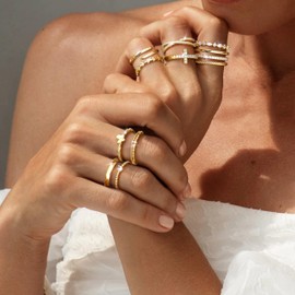 ZELORES 14K Gold Filled Stackable Rings for Women Opal Cross CZ Wedding Bands Rings Dainty Plain Gold Knuckle Rings Set Comfort Fit Size 6-10 (14K Gold Filled-12PCS, 6)