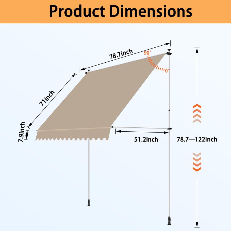 PATISOL 78"x51" Manual Retractable Awning Aluminum Patio Sunshade Shelter