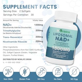 inGreens Suplemento liposomal NAD+ de 1800 mg con ribósido de nicotinamida, resveratrol trans, trimetilglicina, reemplaza a NMN, aumenta NAD +, defens
