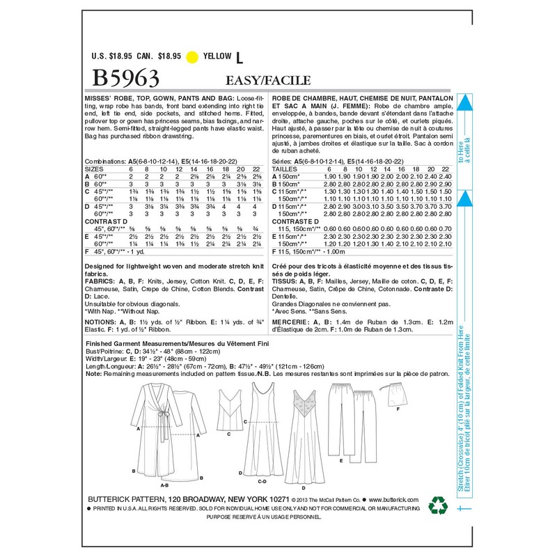 Butterick Patterns B5963 E5 Misses Robe/ Top/ Gown/ Pants and