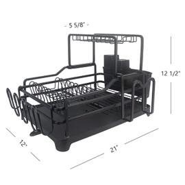 Evelyne GMT-10353-A Black Aluminum Dish Drying Rack with Utensil Holder - 2 Tier Kitchen Countertop Rust Proof Dish Rack and Drainboard Set - Large Dish Organizer Rack