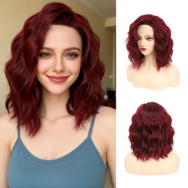 AliRobam Short Burgundy Wavy Bob Wig for Women Free Part 9x1 Lace Front Shoulder Length Curly Synthetic Wig Natural Hairline 14 Inch for Daily Party Cosplay