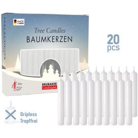 BRUBAKER Tree Candles - Pack of 20 - White - 3¾ x ½ Inches (9.5 x 1.27cm) - Made in Europe - Pyramids, Carousels & Chimes