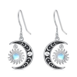 AXELUNA Sun and Moon Earrings 925 Sterling Silver MoonStone Sun Earrings Sun Moon Drangle Earrings Sun Moon Jewellery Gift for Wife Mother Wife, Sterling Silver