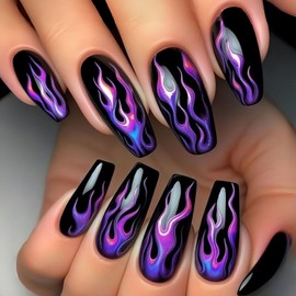 CJDLTS Purple Flame Press on Nails Medium Ballet Shaped Black Acrylic False Nail Full Cover Glossy Artificial Stick on Nail Ballet Press Ons Artificial Fingernails Reusable Glue on Nails for Women