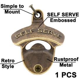 HAIICEN Old School Beer Bottle Opener Wall Mounted SELF SERVE Soda Drink Cap Opener Mountable Antique Brass for Wooden Board Post Table