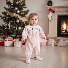 Kayotuas Newborn Baby Girl Christmas Outfit Santa Ruffle Sleeve Bubble Romper Smocked Jumpsuit Bodysuit Fall Winter Clothes (Gingerbread-Pink, 6-12 Months)