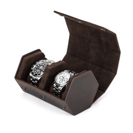 CONTACT'S FAMILY Hexagonal Genuine Leather Watch Roll For Two Watches Watch Storage Box For Two Watches Leather Waterproof Shockproof Watch Case Storage Watch Carrying Travel Portable